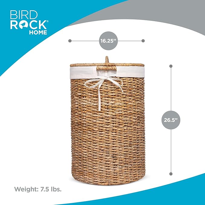 BIRDROCK HOME Seagrass Laundry Hamper with Lid & Liner - Handwoven Round Basket with Handles for Laundry/Dirty Clothes - Organizer, Storage, Shelves, Bin in Bathroom, Bedroom & Laundry Room - Natural