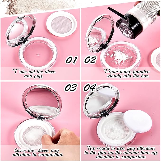Cunhill 2 Pcs Loose Powder Container with Puff 0.17/0.7 oz Reusable Plastic Portable DIY Makeup Empty Powder Case with Mirror and Net Sifter(Silver, Black)