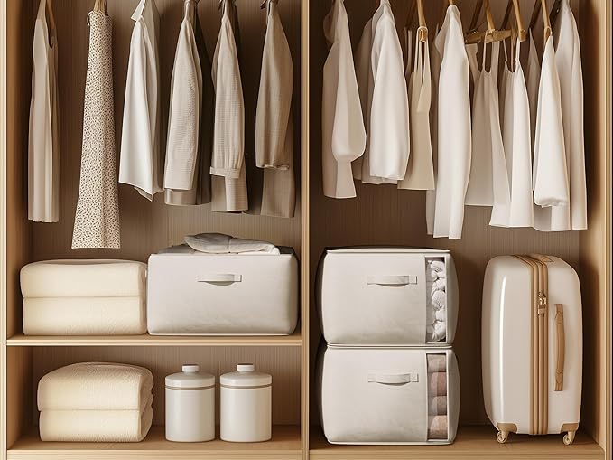 Large Canvas Clothes Storage Bags with Thick Handles and Clear Window, Foldable Cotton Linen Underbed Closet Organizer for Clothing, Blankets and Bedding, 60L, 3 Pack, Beige