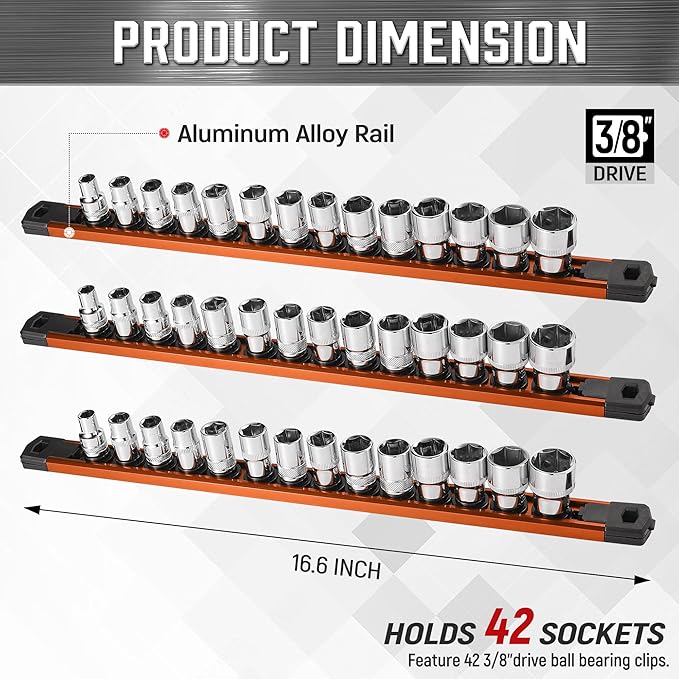 ALOANES 3-Piece Magnetic Socket Organizer, Heavy Duty Aluminum Socket Rails Organizer, 360° Swivel Clips Socket Holder Kit for Tool Box, 3/8-Inch Socket Holder x 42 Clips (Orange)