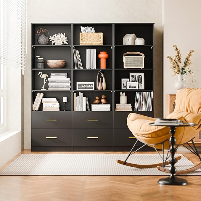 Cozy Castle 74.1'' Bookshelf,Tall Bookcase with Drawers, 4-Tier Open Bookshelf with Adjustable Storage Shelves,23.6 Inches Wide Floor Standing Bookcase for Home Office,Bedroom,Living Room,Black