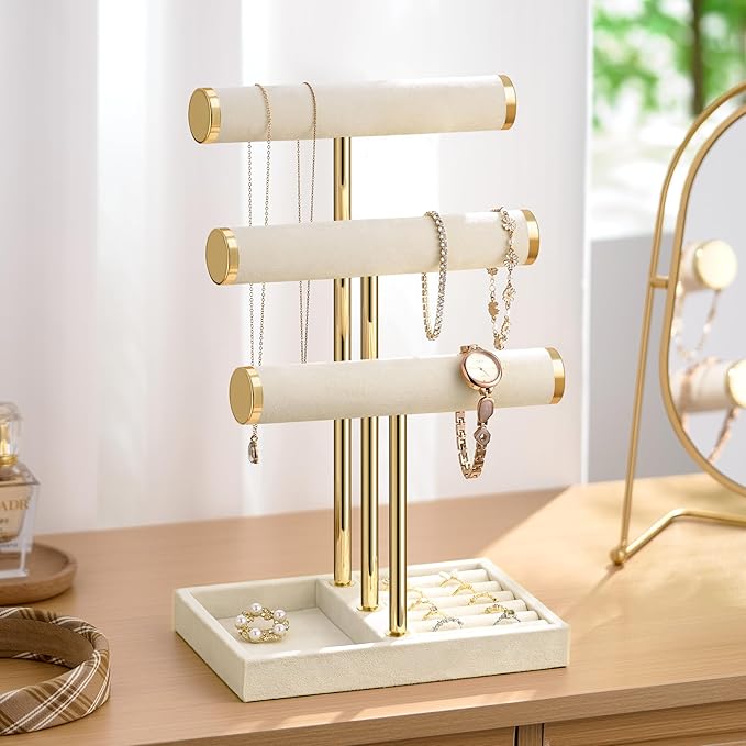 Bracelet Holder Jewelry Organizer Display - 3 Tier T Bar Velvet Stand, Beige Jewelry Storage for Bracelet, Necklaces, Watches
