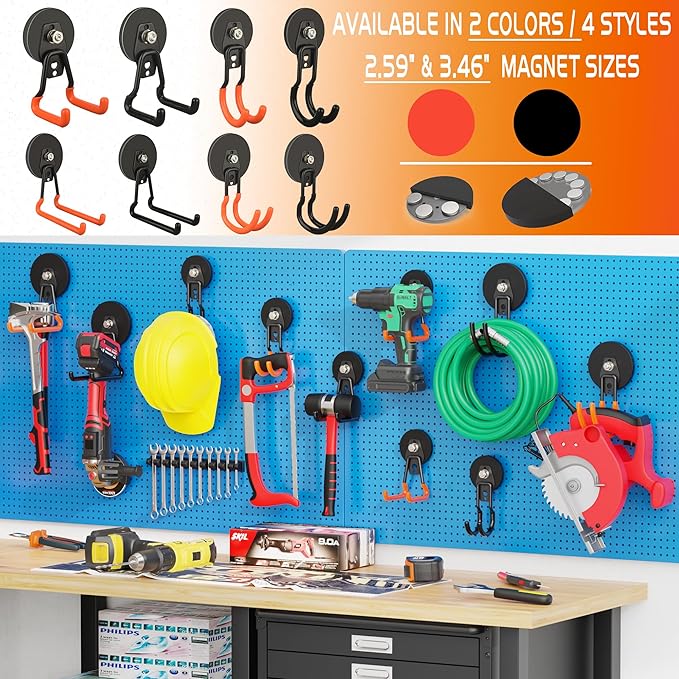 ULIBERMAGNET New Upgraded Heavy Duty Magnetic Garage Hooks,4 Pack Strong Large Magnet Hooks for Power Drill,Garden Tools,Hose,Pegboard,Garage, Workshop,Magnetic Storage Hook for Hanging(Orange)