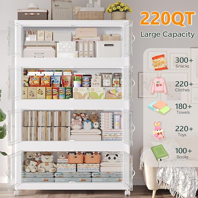 1100QT Extra Large Stackable Storage Bins with Lid, 275Gal Collapsible Closet Organizer Box with Wheels, Folding Plastic Storage Cabinet with Doors for Home Kitchen Office Dorm, 5Pack White
