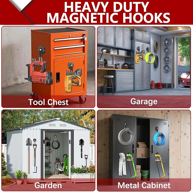 3-H Heavy Duty Magnet Garage Hooks 2 Pack, J Shape Strong Magnetic Hooks for Hanging Cordless Power Drill, Utility Magnetic Tool Holder for Metal Cabinet, Steel Pegboard, Toolbox, Garage(Grey)