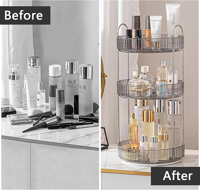 Rotating Makeup Organizer for Vanity, Large Capacity Skincare Perfume Storage, Bathroom Counter Organizer, 360 Spinning Cosmetic Dresser Countertop Organizers (Gray, 3 Tier)