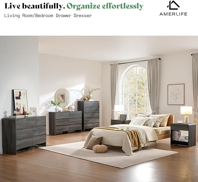 AMERLIFE 6 Drawer Dresser for Bedroom, 49" Long Modern Chest of Storage Drawers with Rounded Corners, Anti-Tip Kit, Wood Cabinet Organizer for Closet, Apartment, Nursery, Easy Assembly, Black