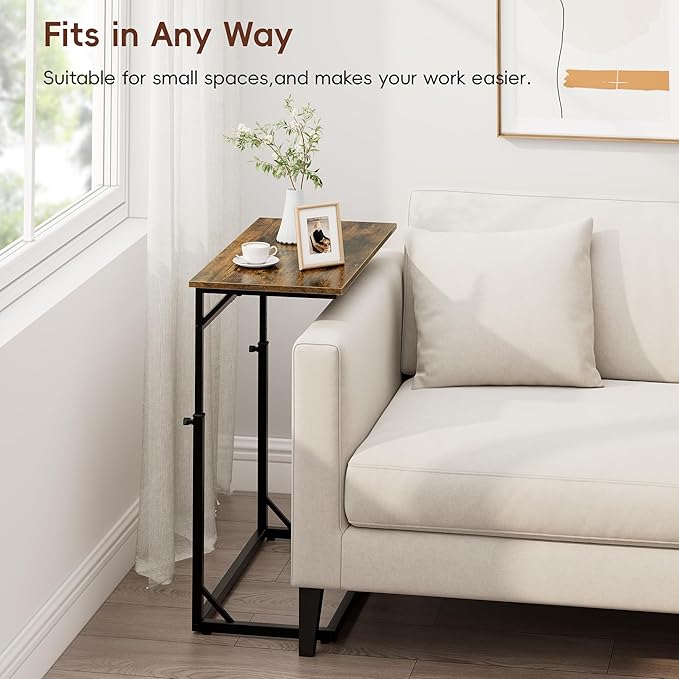Vagusicc C Shaped End Table, Tall Side Table for Couch, C-Table End Table Adjustable Height Side Tables, Large Surface Sofa Tables TV Tray, Slide Under Couch Tables for Sofa, Living Room,Bedroom,Brown