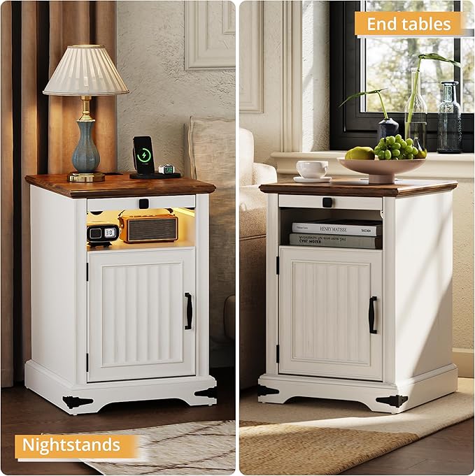 IRONCK Farmhouse Nightstand with Charging Station and LED Light, Wood Side Table with Storage Cabinet & Open Shelf，Bedside Table with Pull-Out Shelf for Bedroom, White