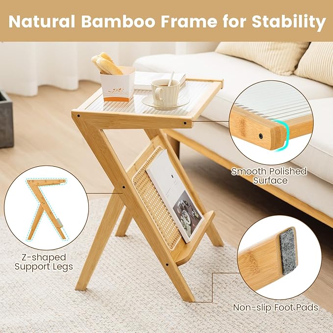 GOFLAME Rattan Side Table, Z-Shaped End Table with Tempered Glass Top, Magazine Rack, Boho Night Stand, Small Coffee Table, Bamboo Accent Bedside Table for Living Room, Bedroom, Natural