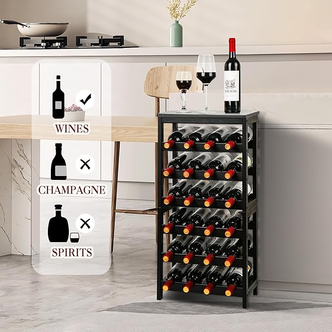 VASMIA Wine Rack Freestanding Floor, 6-Tier Display Wine Storage Shelves with Table Top, 24-Botttle Bamboo Wine Rack Shelf for Kitchen Bar Dining Room Living Room, Black