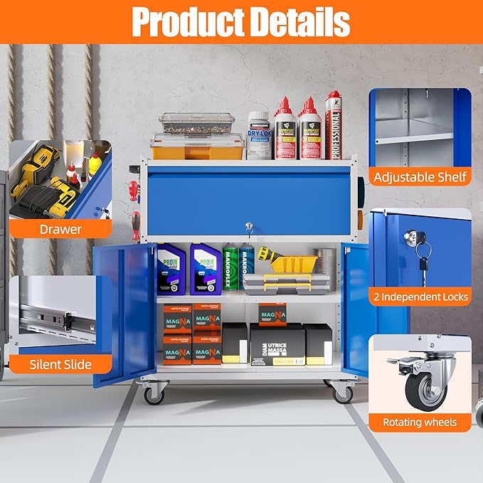 Aobabo Metal Cabinet with Wheels, Metal Garage Cabinet with 1 Drawer and 4 Hooks, Small Rolling Tool Storage with Pegboard and Handle, Blue Grey, Assembly Required