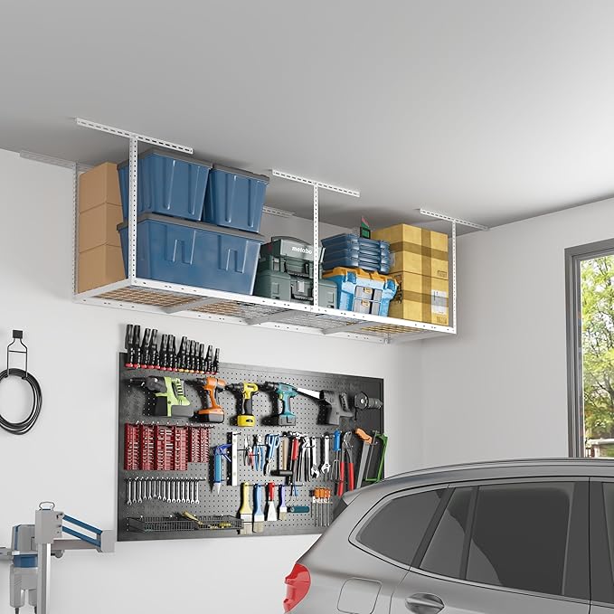FLEXIMOUNTS 2x8 Overhead Garage Storage Rack,Adjustable Storage Organization System,Heavy Duty Metal Garage Ceiling Storage Racks,400lbs Weight Capacity,White, Classic Series