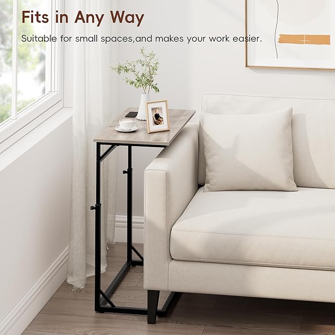 Vagusicc C Shaped End Table with Charging Station, C-Table End Table Adjustable Height Side Table for Couch, Large Couch Table, Slide Under Couch Table TV Tray Table for Sofa,Living Room,Bedroom, Grey