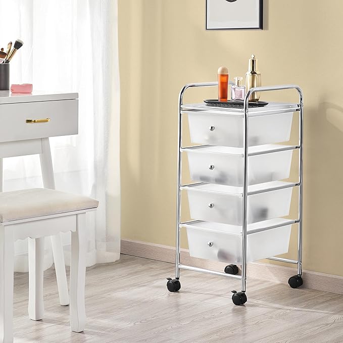 Yaheetech 4 Drawers Cart Rolling Plastic Storage Cart and Organizer Metal Frame Drawers Plastic Trolley Organizer on Wheels, White