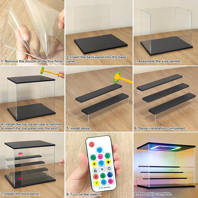 NONEMEY Clear Acrylic Display Case with Light ,3/4/5/6 Tier Multiple Color Lights via Remote Control Dustproof Display Box for Collectibles Figures Mini Toys (4Tier 12.4*9.6*10.4inch)