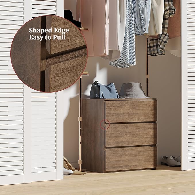 woodtalks 3 Drawer Dresser, Wood Chest Drawers with Storage for Closet, Bedroom, Living Room and Hallway, Drawers Dresser Bedside Nightstand, Walnut, Brown