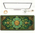 Green Vintage Floral Mouse Pad – Large Extended Desk Mat 35.43 x 15.75 in – Ornate Oriental Carpet Design with Gold & Emerald Motif, Waterproof Surface,Keyboard & Mouse Pad for Office & Home