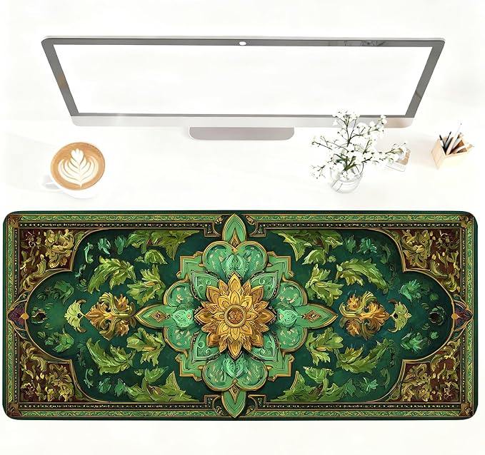 Green Vintage Floral Mouse Pad – Large Extended Desk Mat 35.43 x 15.75 in – Ornate Oriental Carpet Design with Gold & Emerald Motif, Waterproof Surface,Keyboard & Mouse Pad for Office & Home