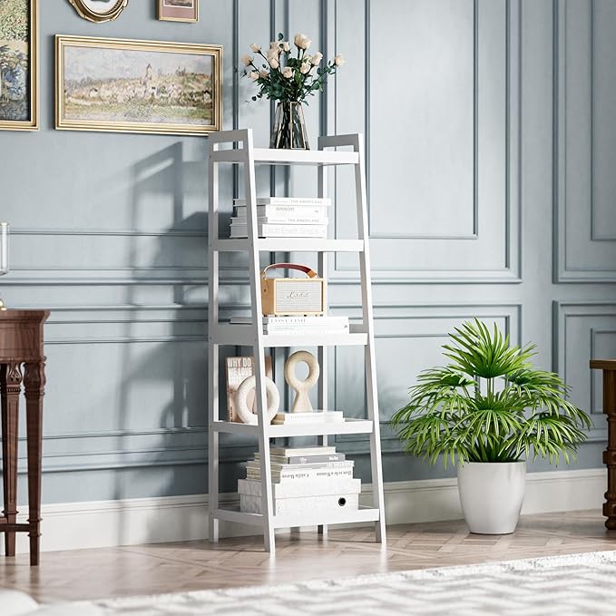 SMIBUY Bamboo Ladder Bookcase, Bathroom Storage Rack Organizer, 4 Tier and 5 Tier Freestanding Plant Display Stand Space Saver Shelves for Bedroom, Kitchen, Balcony (White, 5 Tiers (50" H))
