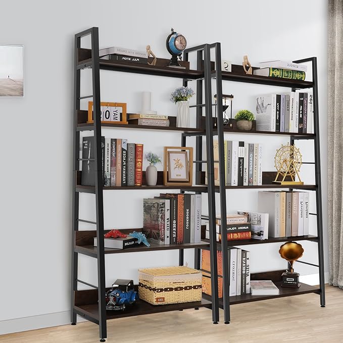Himimi Industrial Ladder Shelf, Rustic 5 Tier Leaning Bookshelf, Wood Metal Ladder Bookcase, Plant Flower Stand Rack Book Storage Shelves for Living Room, Bedroom, Home Office
