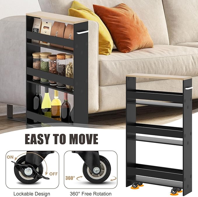 Slim Storage Cart, 4 Tier Rolling Storage Cabinet with 4 Universal Wheels, Convenient Handle, Narrow Laundry Cart for Small Space Bathroom Office