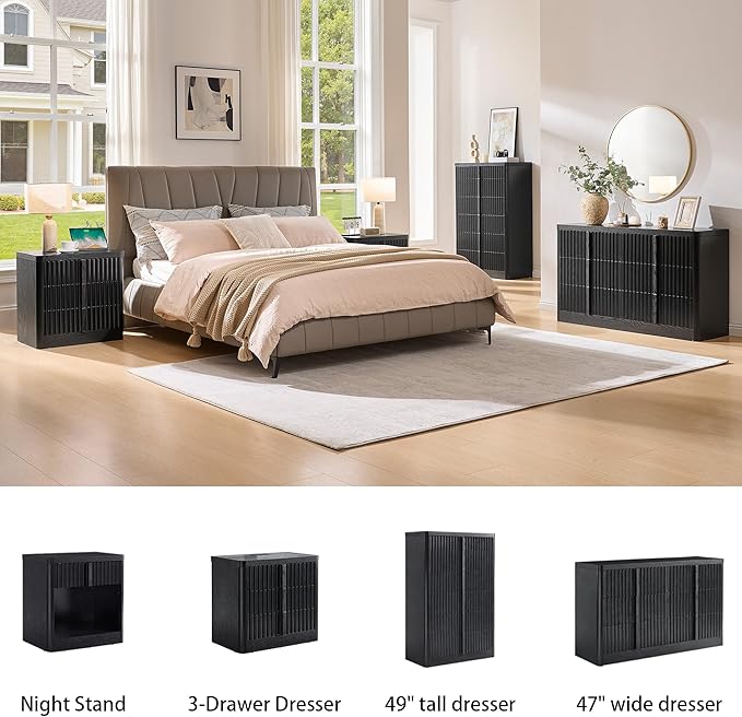 Black Fluted Dresser for Bedroom, 47" Wide 6 Drawer Dresser, Modern TV Stand Set, Curved Profile Design, Chest of Drawers with Solid Wood Handle for Living Room, Bedroom, Hallway