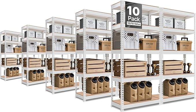 HOMEDANT 5 Tier Laminated White Boltless Metal Shelving Unit Adjustable Garage Storage Utility Rack Heavy Duty Shelves Organization Shelf Warehouse Pantry 28" W x 12.3" D x 59.5" H 10Pack