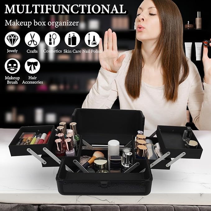 Large Makeup Train Case Cosmetic Organizer Case Makeup Box Portable Make Up Artist Travel Case with 4 Trays with Dividers Lockable Hard Train Case Nail Tech Supply Storage - Starry Black