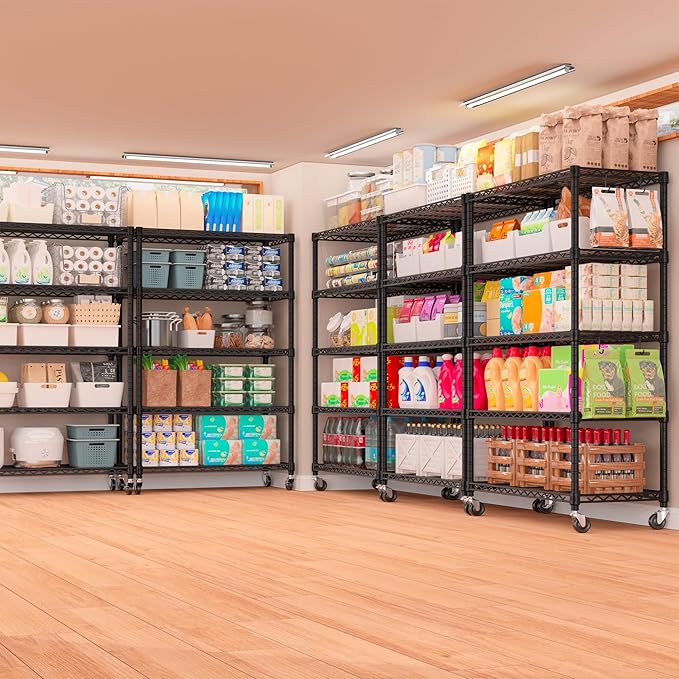 PrimeZone 74''H Wire Shelving 1250lbs 5 Tier Storage Shelves with Wheels NSF Certified Heavy Duty Steel Metal Shelf Adjustable Rolling Rack Kitchen Garage Closet Pantry Laundry 74''HX36''WX14''D 4PCS