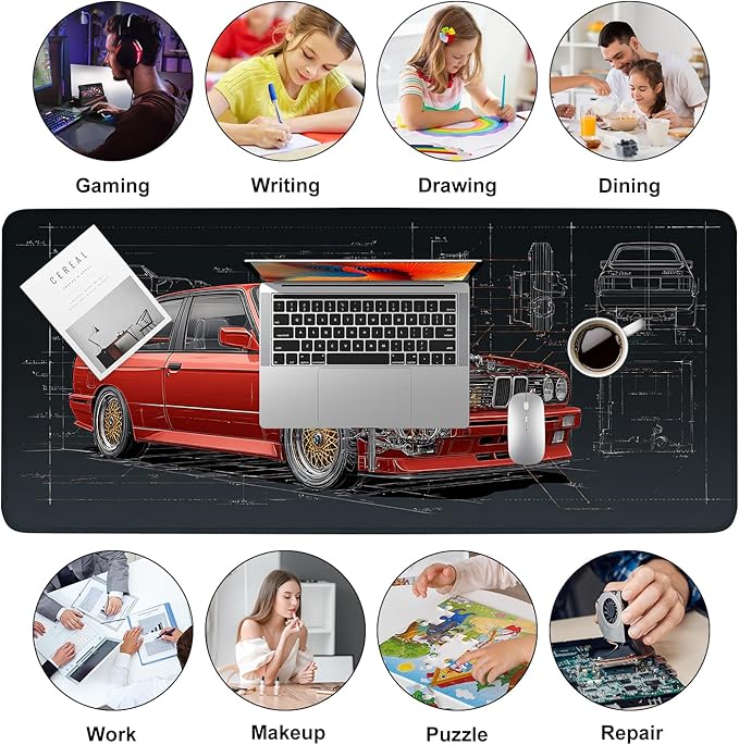 Retro Car Blueprint Mouse Pad – Large Extended Desk Mat 35.43 x 15.75 in – Classic Red Tuner Car Cutaway with Engine Diagram, Waterproof Surface, Non-Slip Rubber Base, Keyboard & Mouse Pad