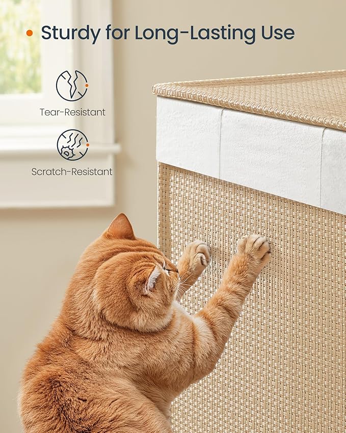 SONGMICS HOME Laundry Hamper with 3 Section, Large 140 L Rolling Laundry Basket with Wheels, Rattan Clothes Basket with Lid, Removable Liner with Handles, Natural Beige and Matte White ULCB602N01