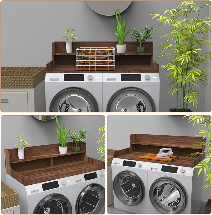 2-Tier Washer Dryer Countertop with Charge Station, 54" x 27.5" Top Cover for Laundry Machine, Washer and Dryer Wood Shelf Topper for Laundry Room Counter Storage Organization, Walnut