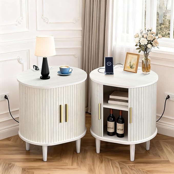 Nightstands Set of 2 & Charging Station, Fluted Accent Side Table with Sliding Door & Adjustable Shelf, Mid-Century Modern End Table for Small Space, Living Room, Bedroom(2, White)
