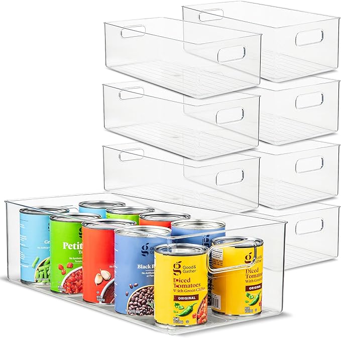 primebox Plastic Food Storage 8 Pack Clear Container Bin with Handles for Organizing Kitchen, Pantry, Refrigerator, Freezer, Pantry, Cabinet, Closet, Bathroom. 16”x8”x5”