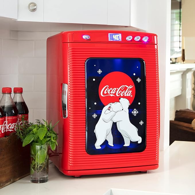 Coca-Cola 25L Retro Mini Fridge Polar Bear Design Portable Cooler/Warmer for Snacks Drinks Skincare Cosmetics with AC DC Capable Ideal for Bedroom Office Dorm Travel