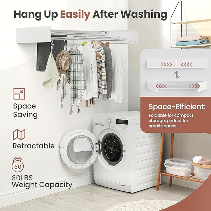 Wall-Mounted Clothes Drying Rack – Foldable Laundry Drying Rack, Space-Saving Wall Mounted Clothes Rack, Tri-Fold Wall Mounted Drying Rack for Laundry Room