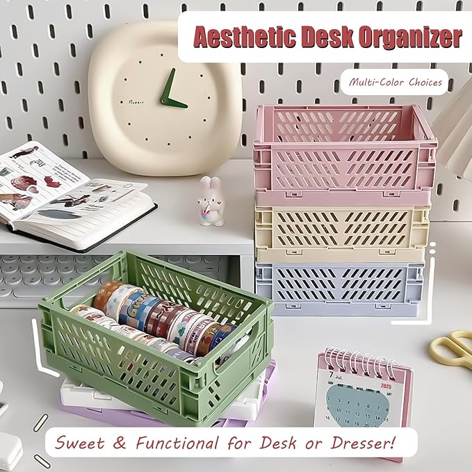 Small Pastel Plastic Storage Bins 2Pcs Foldable Pastel Crates Plastic Basket Colorful Storage Containers Baskets for Classroom Kitchen Office Bedroom Desktop Home Decor (Yellow 5.8" x 3.8" x 2.2")