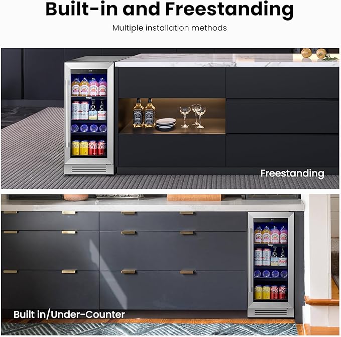 Yeego 15 Inch Beverage Refrigerator – 100 Can Mini Fridge with Glass Door, 34-54 ℉ Built-In Freestanding or Under Counter Beverage Cooler for Drink Soda Wine - For Home Bar Office
