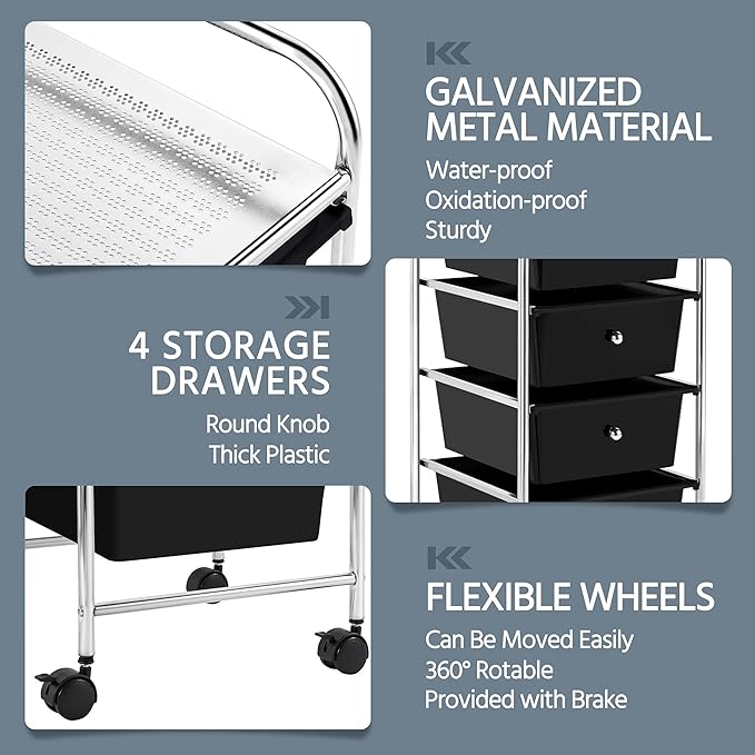 Yaheetech 4 Drawers Cart Rolling Storage Organizer Metal Frame Plastic Drawers Trolley Organizer on Wheels, Black