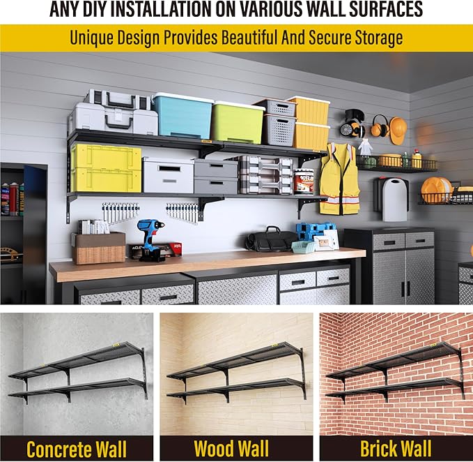 2-Pack 2 Tier 1.3x4ft Garage Shelving Wall Mounted, 520lbs Load Capacity，15.6x48inch per Shelf Height Cassette Adjustable Floating Shelves, Black