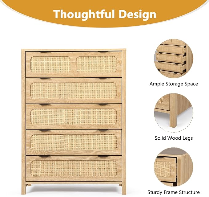 5 Drawer Dresser with Rattan Finish, Modern Farmhouse Chest of Drawers with Metal Handles, Accent Wood Storage Cabinet for Bedroom, Living Room (Natural)