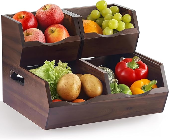 Acacia Wood Pantry Storage Bins - Stackable Open Front Kitchen Baskets with Airflow Vent for Potato, Onion, Fruit, Vegetable, and Bread Storage, Wood Organizer for Pantry and Countertop