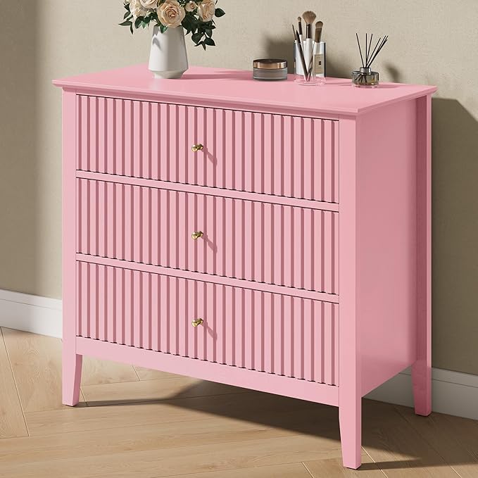 RoyalCraft Fluted 32 inch Wide Nightstand Set of 2, Large Pink Nightstand with 3 Drawer, Modern End Table, Wood Beside Table for Home and Office