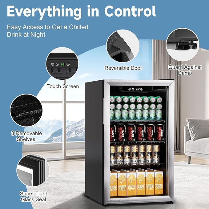 Beverage Refrigerator Cooler, 105 Can Mini Fridge Glass Door for Drinks Soda, Beer, or Wine - Small Refrigerator for Office Bedroom Home Bar, Adjustable Shelves, 3.0 Cu.Ft, Silver