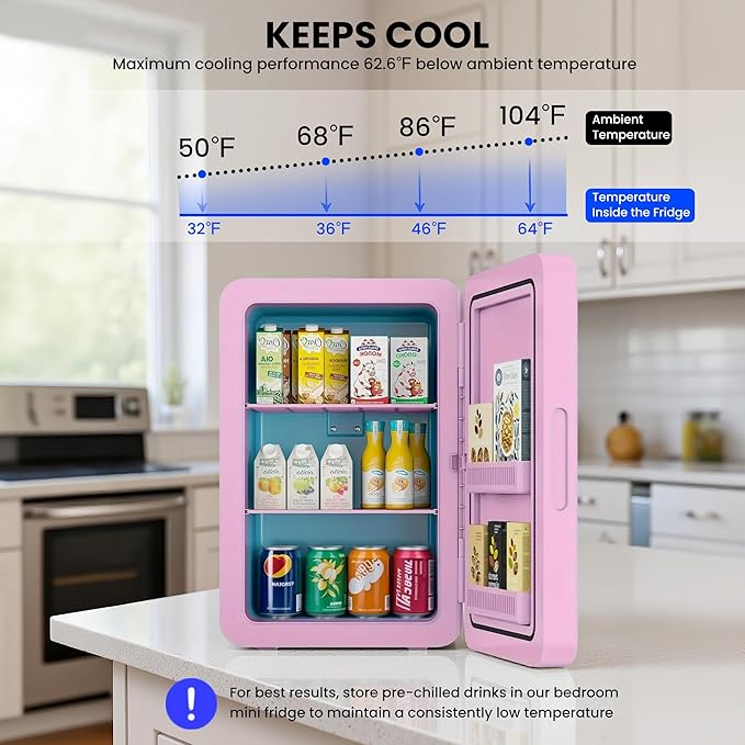 22L/30Cans Mini Fridge for Bedroom, 12v DC Portable Cooler & Warmer, Mini Refrigerator with Glass Front, for Car Office Desk & Dorm Room Food Beverage Skincare Makeup (Pink)