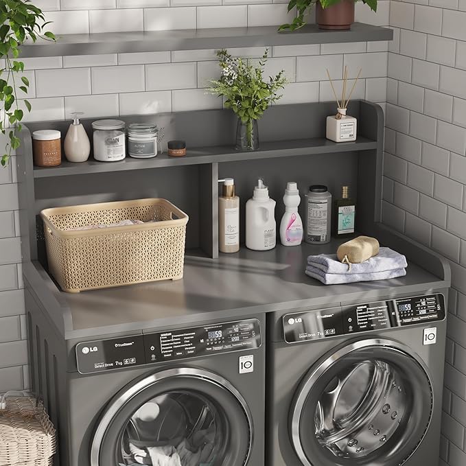 2-Tier Washer Dryer Countertop, 18.5" Raised Height Laundry Countertop with Edge Rails and Non-Slip Pad, 54" W x 27.55" D Washer and Dryer Topper for Laundry Room Storage Organization (Gray)