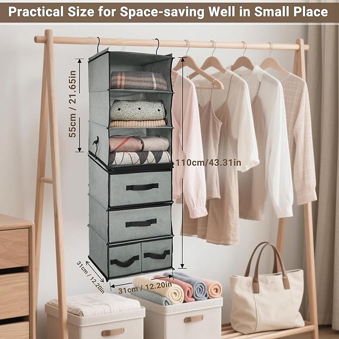 Durable 2-in-1 Hanging Closet Organizer with 2 Separable 3-Tier Hanging Shelves Holder & 4 Removable Drawers,Clothes Storage Organization Space-Saving for Bedroom,Bathroom,Nursery,Dorm,RV