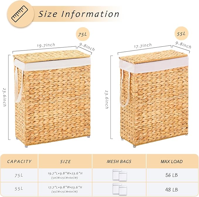 Handwoven Slim Laundry Hamper with Lid, 75L Natural Water Hyacinth Basket and Handles, Narrow Wicker Laundry Basket with Removable Liner Bag & 2 Mesh Bags