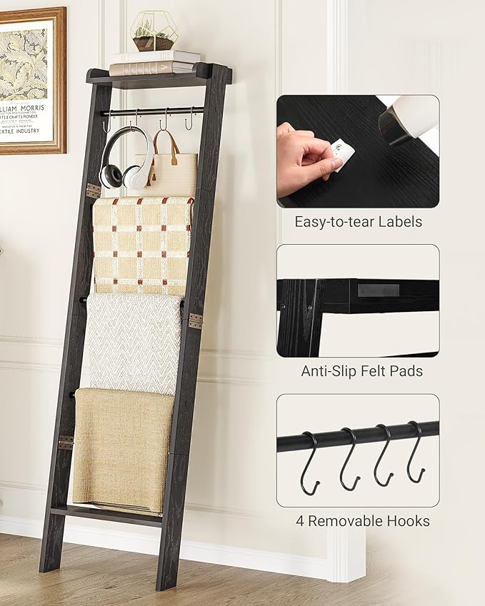 Blanket Ladder Shelf, Decorative Quilt Rack,6-Tier Farmhouse Ladder Holder Organizer with 4 Removable Hooks, Black BR35804B